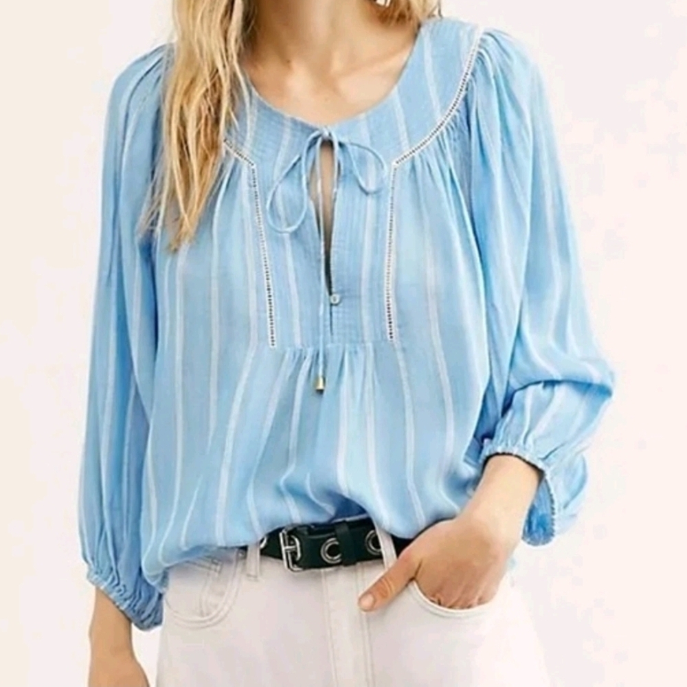 NWT Free People Wrapped In Rhythm Blouse Striped Pattern Crochet Tie Top Blue XS